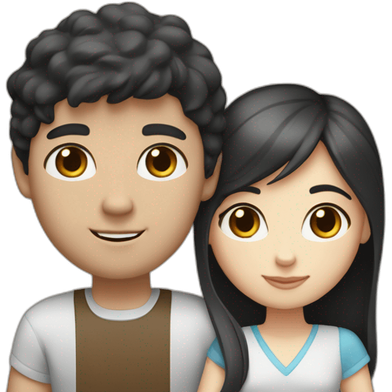 a dark-haired white man with brown eyes and a girl with light brown hair and blue eyes are holding hands and black and white cat and gray emoji