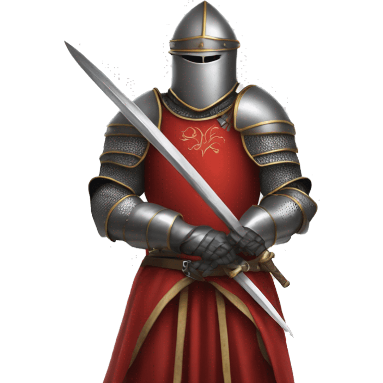 A person in medieval armor kneels, looking upward, with hands resting on a sword. They're dressed in a red garment under the armor. emoji