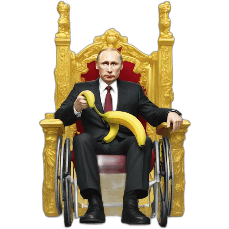 furious vladimir putin monke rides golden wheelchair throne holding a banana emoji