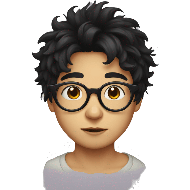 rounded glasses, messy black hair face indie emoji