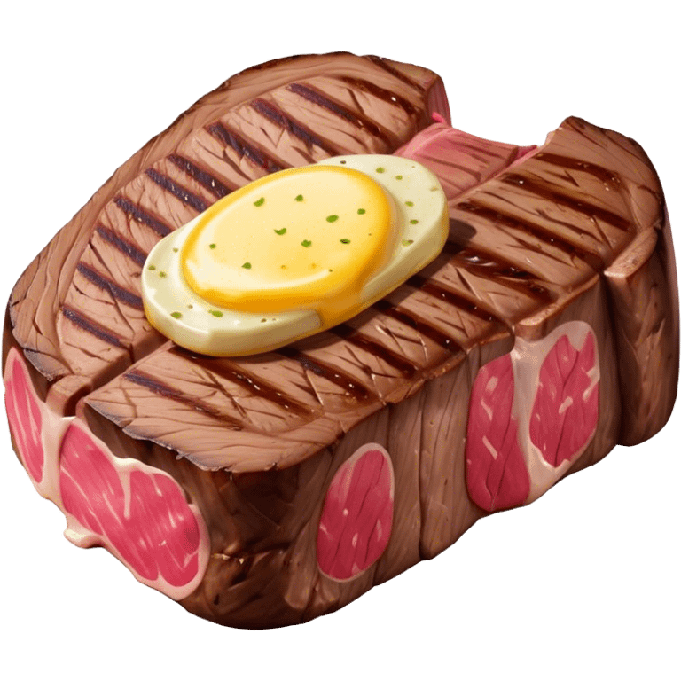 Cinematic thick-cut steak, perfectly seared with grill marks, a juicy pink center, butter melting on top, rich and savory, warm glow, sizzling and mouthwatering, highly detailed and appetizing. emoji