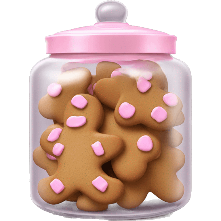 Realistic glass cookie jar with light pink lid full of gingerbread cookies isolated.  emoji