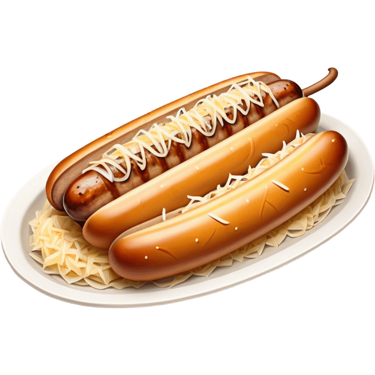 Bratwurst Cinematic Realistic Bratwurst Dish Emoji, depicted as a grilled bratwurst topped with a generous serving of shredded sauerkraut, rendered with rich textures and dynamic, appetizing lighting. emoji