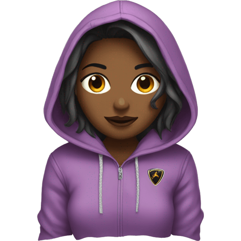 A girl with a hoodie with a Lamborghini on  the hoodie  emoji