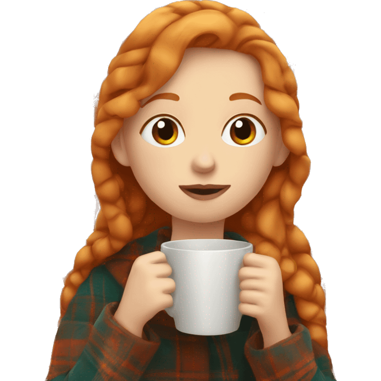 Ginger girl in plaid blanket sipping coffee emoji