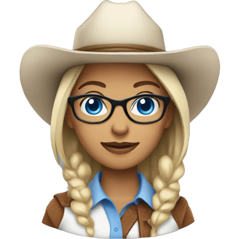 Whit woman with blue eyes, glasses, cowboy hat and bolo emoji