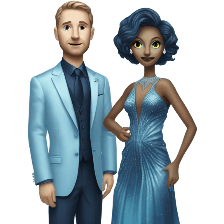 reptilian alien woman, in long slim pastel blue formal party satin dress with gradient shiny sparkling navy blue diamonds embroidered , and caucasian man in black dress emoji