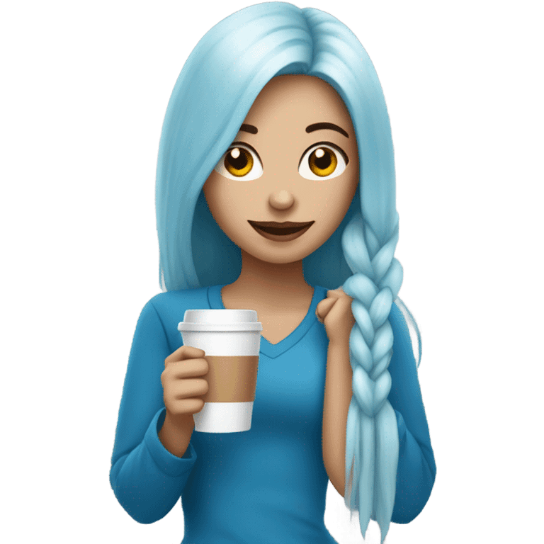 white skin girl with blue long hair drinking coffee emoji