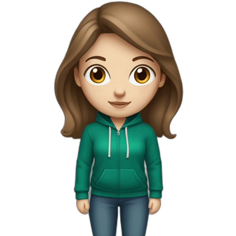 White girl with middle long brown hair and blue eyes wearing a darkgreen hoodie  emoji