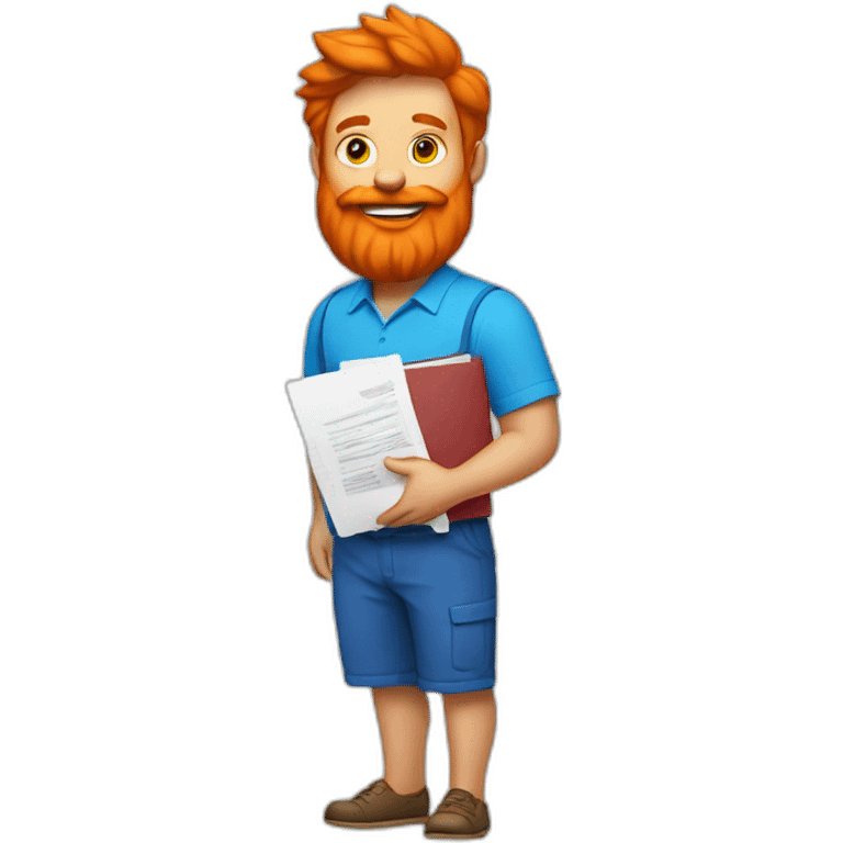 Man with large orange beard wearing red shorts blue shirt and holding stack of documents emoji