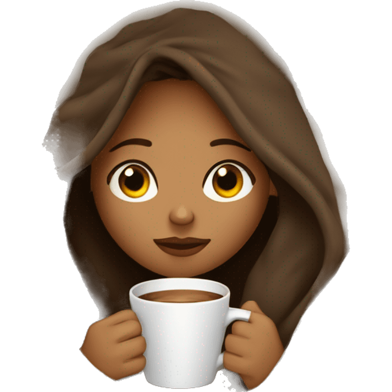 girl inside a blanket sipping coffee eyes closed brown hair with tanned skin and long lashes  emoji