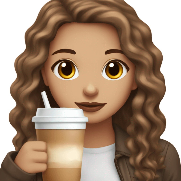 aesthetic white girl with brown wavy hair and brown eyes sipping an iced americano in a cute coffee shop  emoji