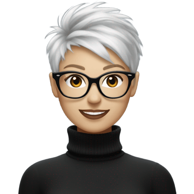 Smiling White woman with short very messed punk silver pixie white hair xmas  big black glasses rayban and black high polo neck sweater emoji