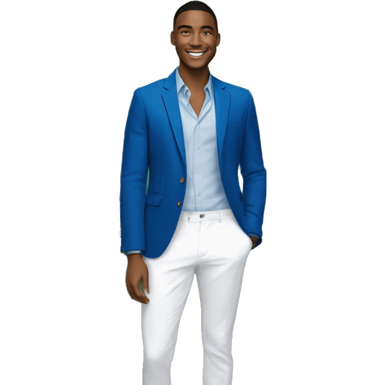 A portrait of a smiling young man wearing a blue blazer and white pants, standing in a lush, tropical garden setting with palm leaves and colorful foliage in the background. emoji