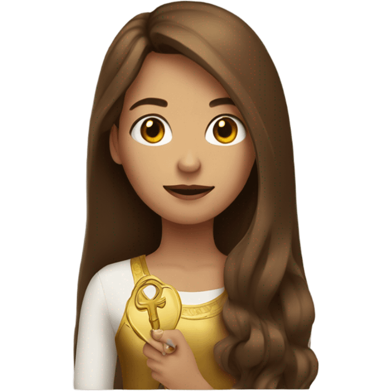 Girl with brown long hair with gold key in hand emoji