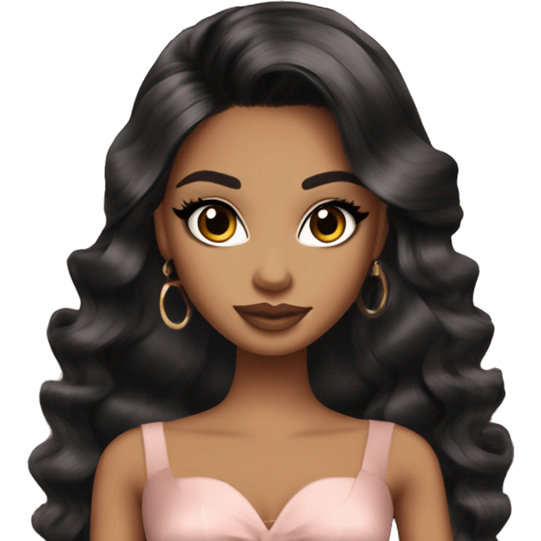 Bratz, club, cocktail dress, black balayage hair, half up half down hair, olive skin, brown almond winged eyeliner with big lashes emoji