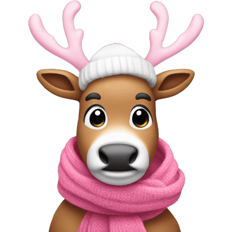 Pink reindeer wearing a scarf and ear muffs emoji