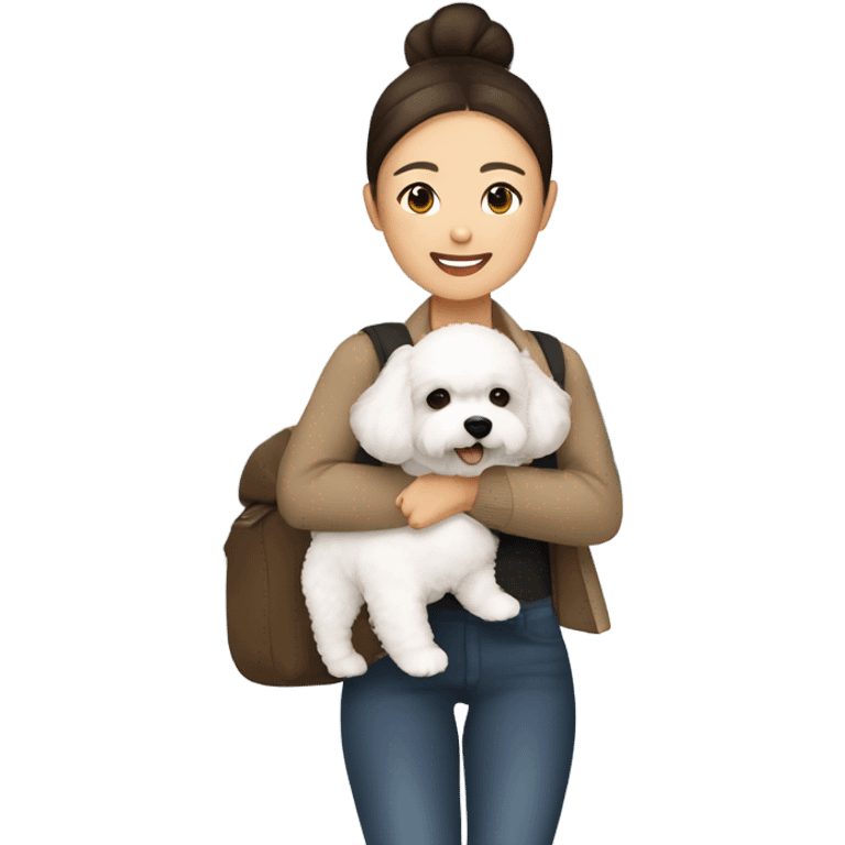 A hair-in-a-bun Asian woman, with brown hair, carrying a cute and happy Bichon Frise at the airport  emoji