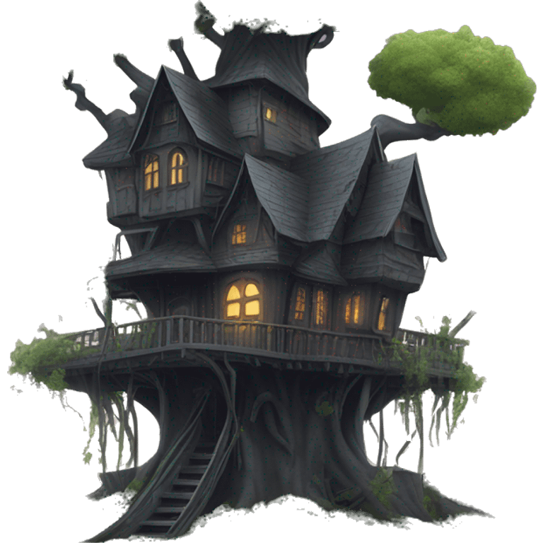 Fantasy haunted Addams tree house in an overgrown cottage with a futuristic twist  emoji