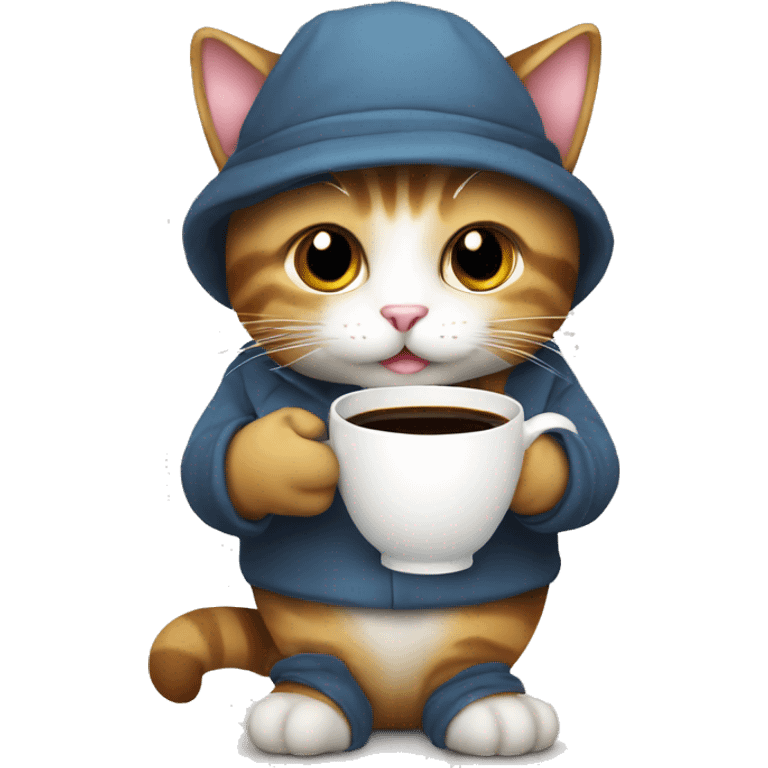 A cat with bonnet holding a cup of coffee emoji