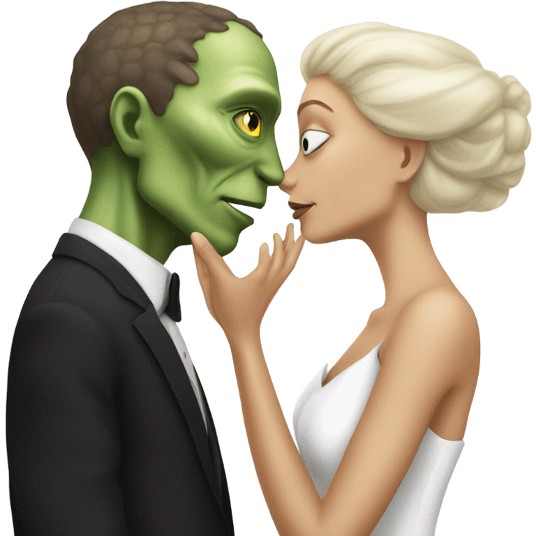 White man in black dress hugs and kissing Alien reptilian woman in white dress  emoji