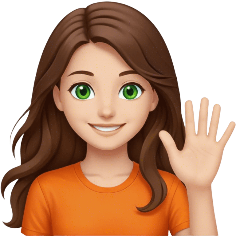 smiling girl with long brown hair, middle hair split, waving, green eyes, orange shirt emoji