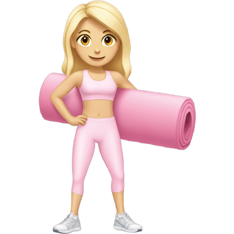 A blonde white girl in a light pink fitness suit with a full-length fitness mat emoji