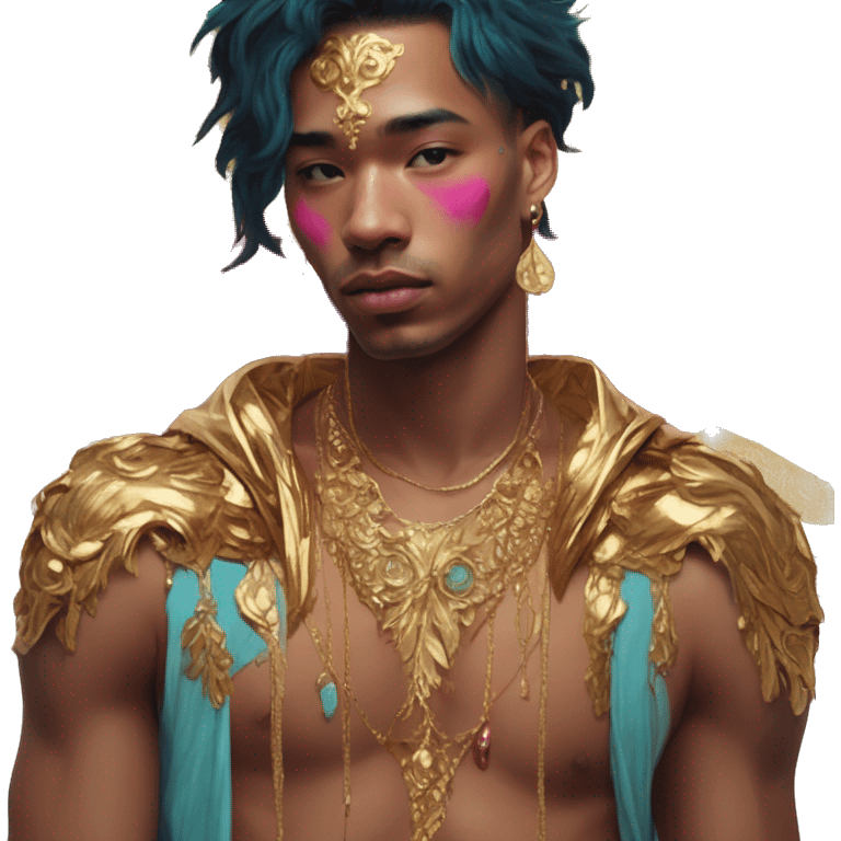 Vintage painting swirls gold jewellery baroque raven wings angel tropical Deep pink maroon burgundy cyan dark hoodie man vitiligo dyed hair gold piercings nose piercing ear piercings emoji