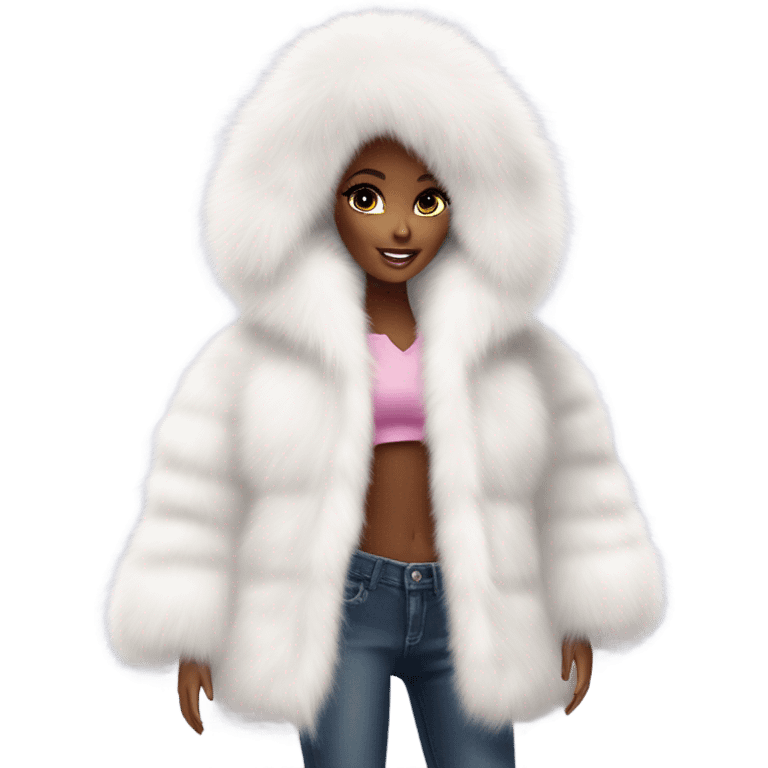 Barbie looking emoji  in an extremely big fluffy oversized white fur coat with hood on. The fur is real and it’s very obvious big and fluffy like in Pinterest  emoji