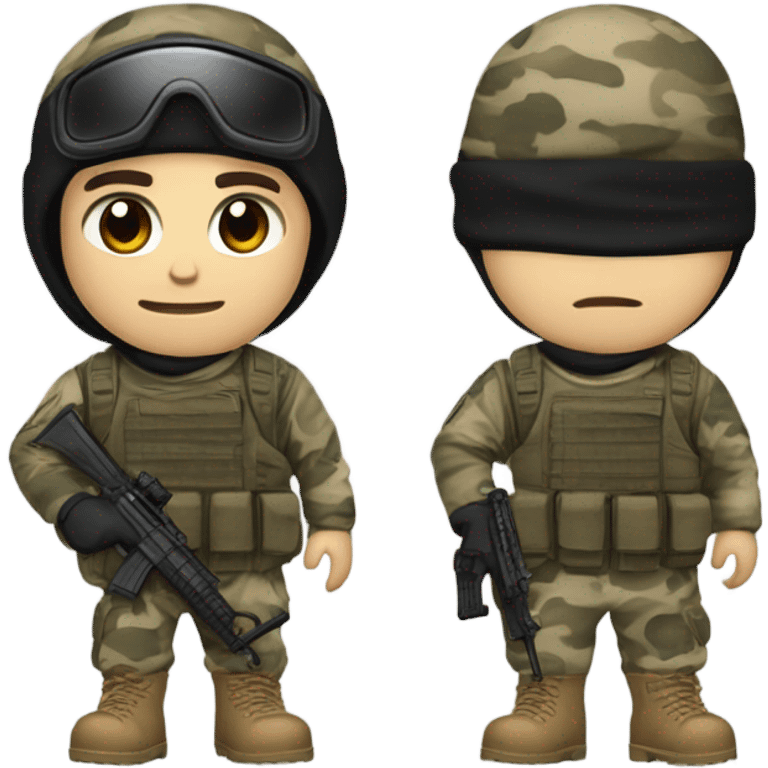 White male, call of duty black mask, camo tactical gear, tan combat boots, black beanie, blue eyes emoji