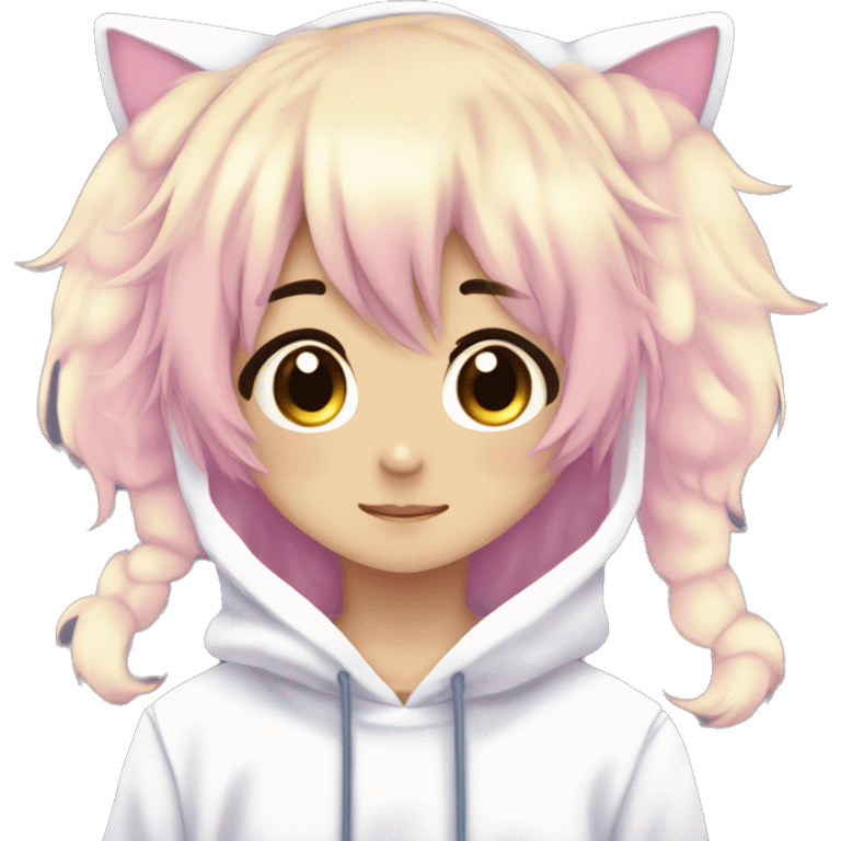 Cute Kawaii Beautiful Gorgeous Sparkly Shiny Blushing Anime Style Romantic Shojo Catboy Man Guy Femboy With Pretty Hair And Hoodie Trendy Style Outside emoji