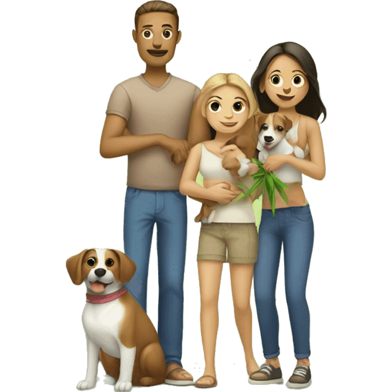 Mom dad and daughter holding bamboo and a dog emoji