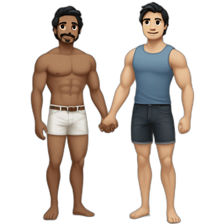 Gay couple, 1 Latino male heritage taller black hair a bit muscled, the other one white Australian male blonde hair holding hands with a cat in the middle of them. Full body emoji