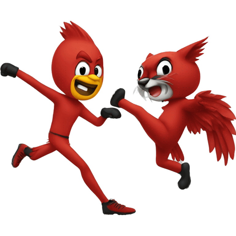 Cartoon cardinal kicking cartoon wildcat emoji