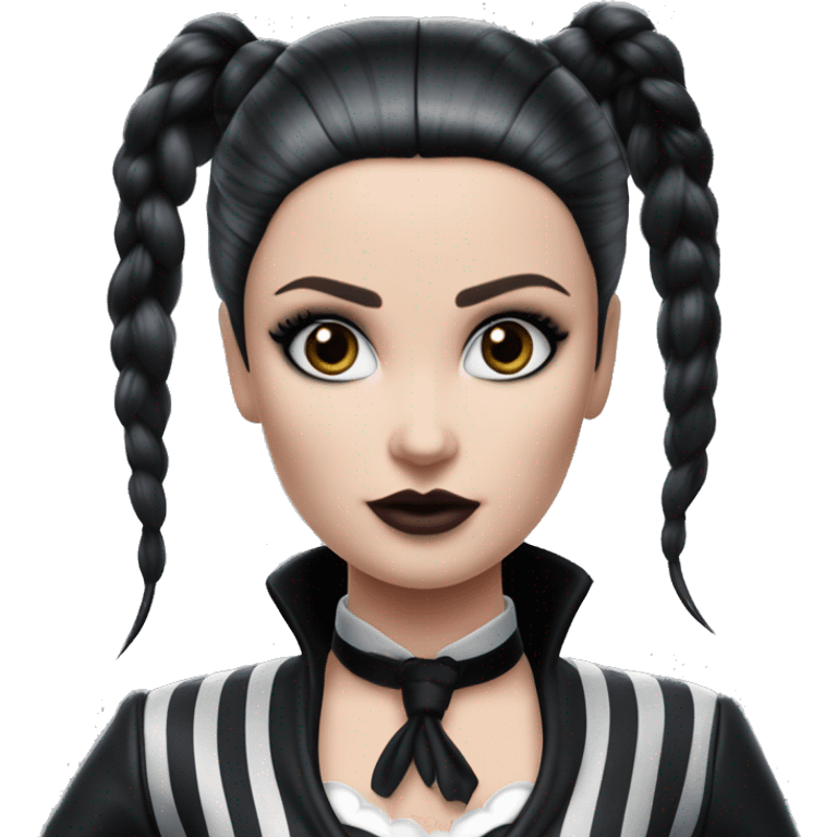 Jeffery New York Lingerie Barbie Wednesday Addams from academy in vertically striped gray and black outfit. riding hot rod bikes with crows emoji