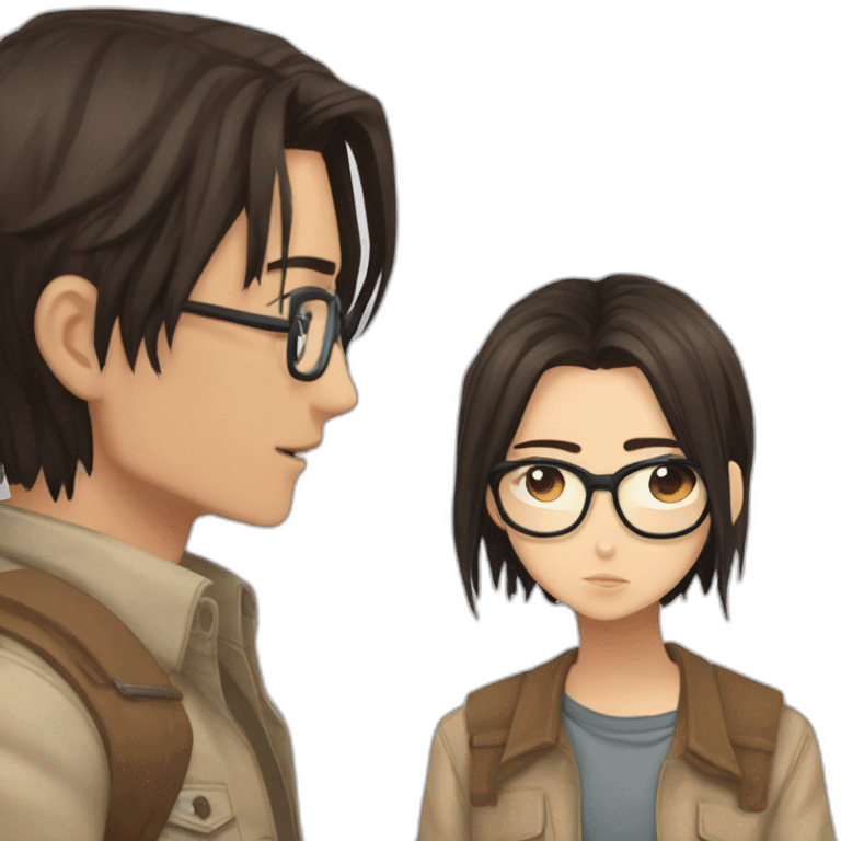 Levi Ackerman and Hanji Zoë with glasses kissing emoji