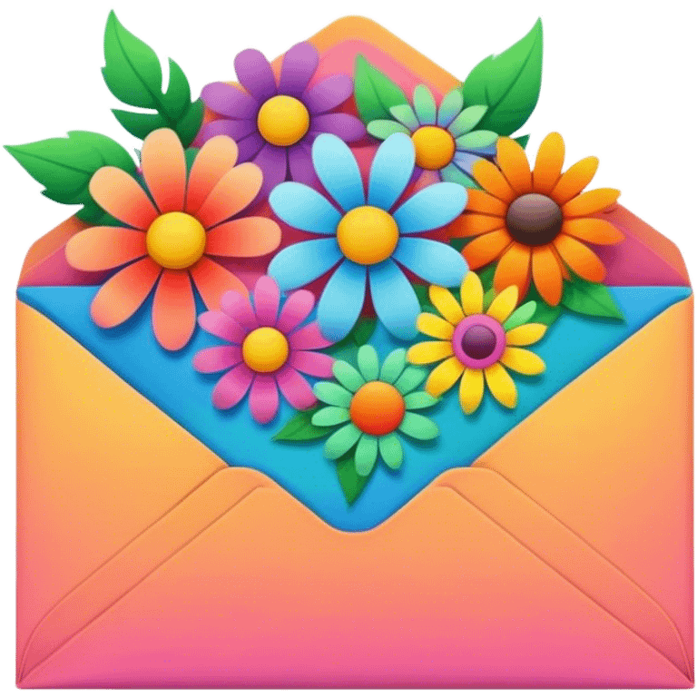 Psychedelic colored envelope surrounded by hippie style flowers emoji