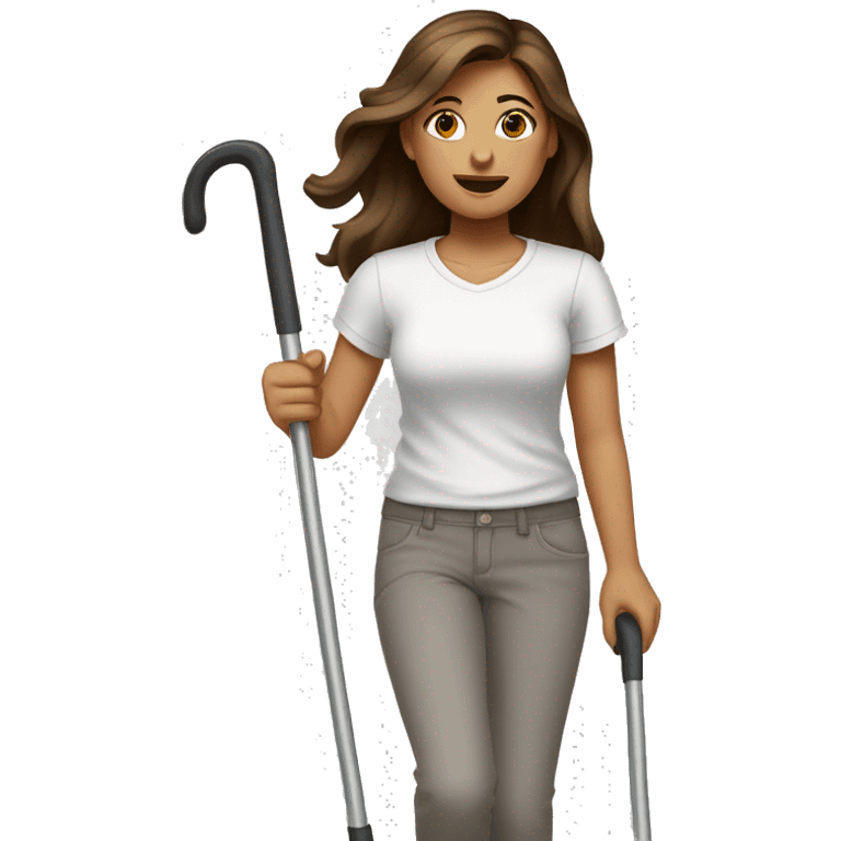 a girl in a white T-shirt and gray pants walks on crutches, she has brown hair and brown eyes emoji