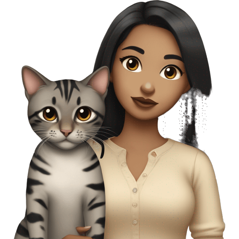 Girl with black eyes and black hair, shoulder length straight black hair, wears a beige blouse outfit, kissing a gray bengal cat  emoji