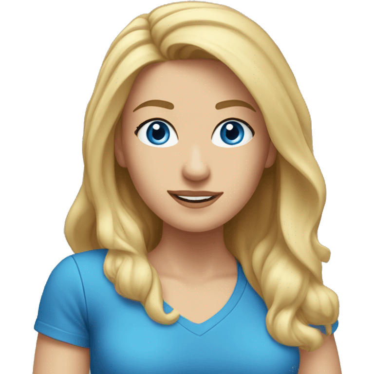 A head and shoulders shot of a 34 year old Caucasian woman, with long blonde hair,   with blue eyes wearing a t-shirt. emoji