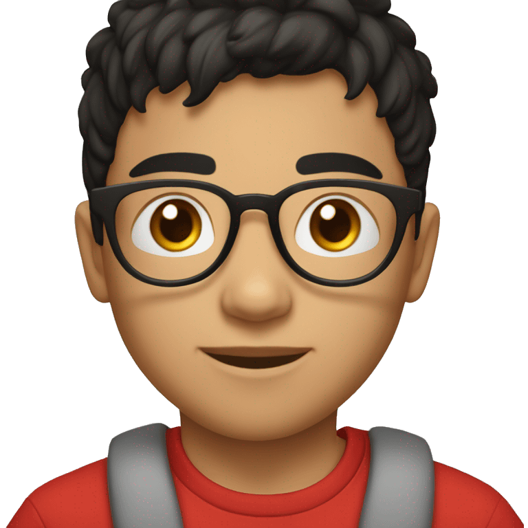 young boy, white, short black hair, brown eyes. He wears black prescription glasses and only a small silver hoop earring in his right ear. Wear a red t-shirt emoji