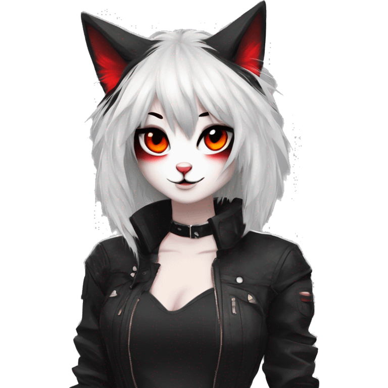 Anthro Edgy Cool Beautiful Black Cat-Fursona with Emo Hair-bangs with Red Streaks emoji