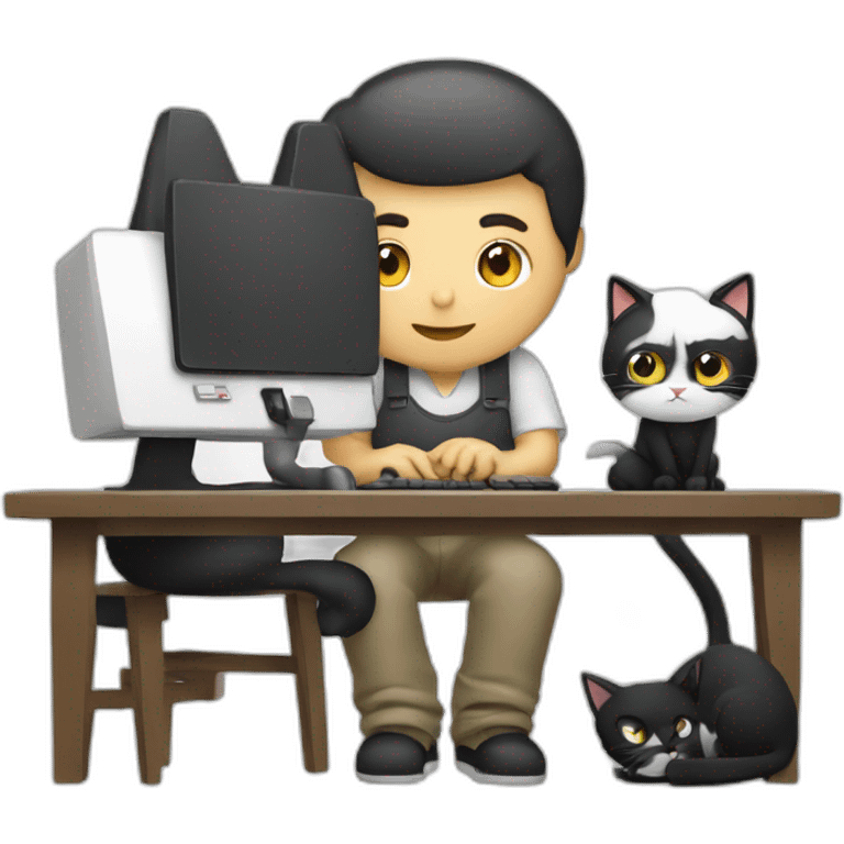 a programmer sits at a computer from the back and a black and white cat sits next to him emoji