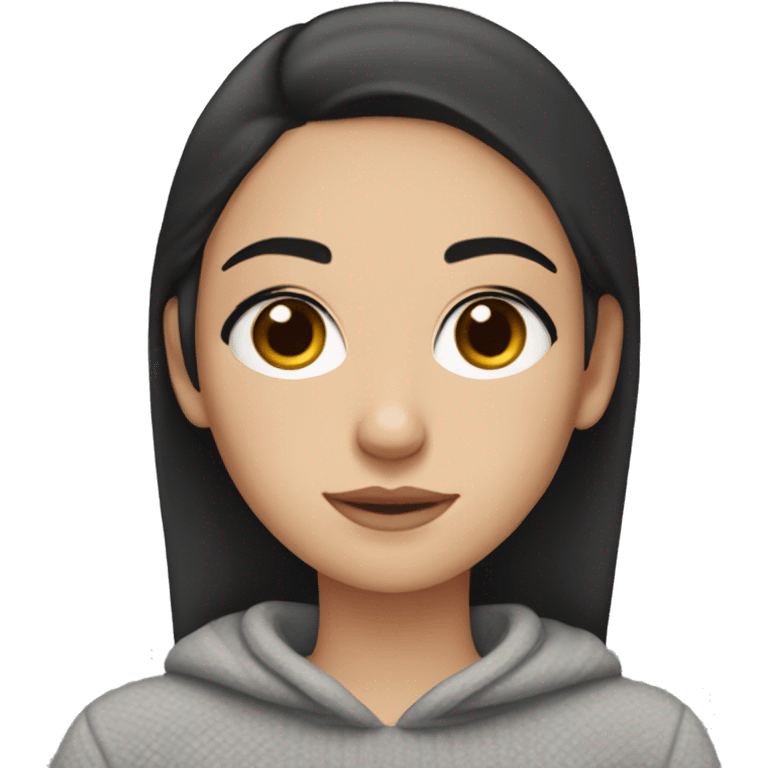 White Girl with Black hair and dark Brown eyes wearing a cozy pullover  emoji