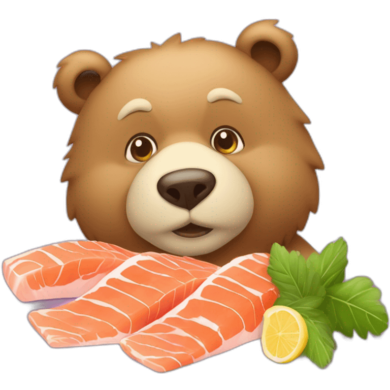 Orso con capelli viola e salmone in bocca emoji