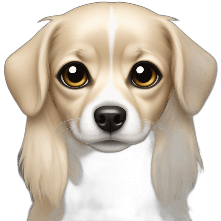 Dog staring at camera long hairedchihuahua white with black patch’s around eyes and black ears emoji