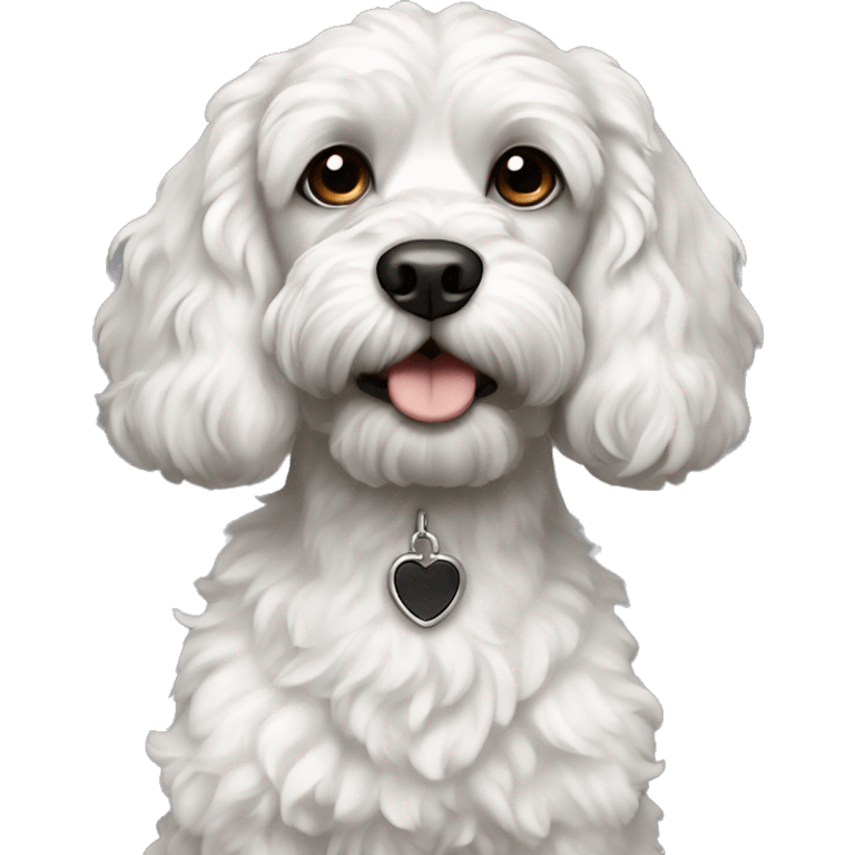 Dog black cockapoo with white chest and black eye emoji