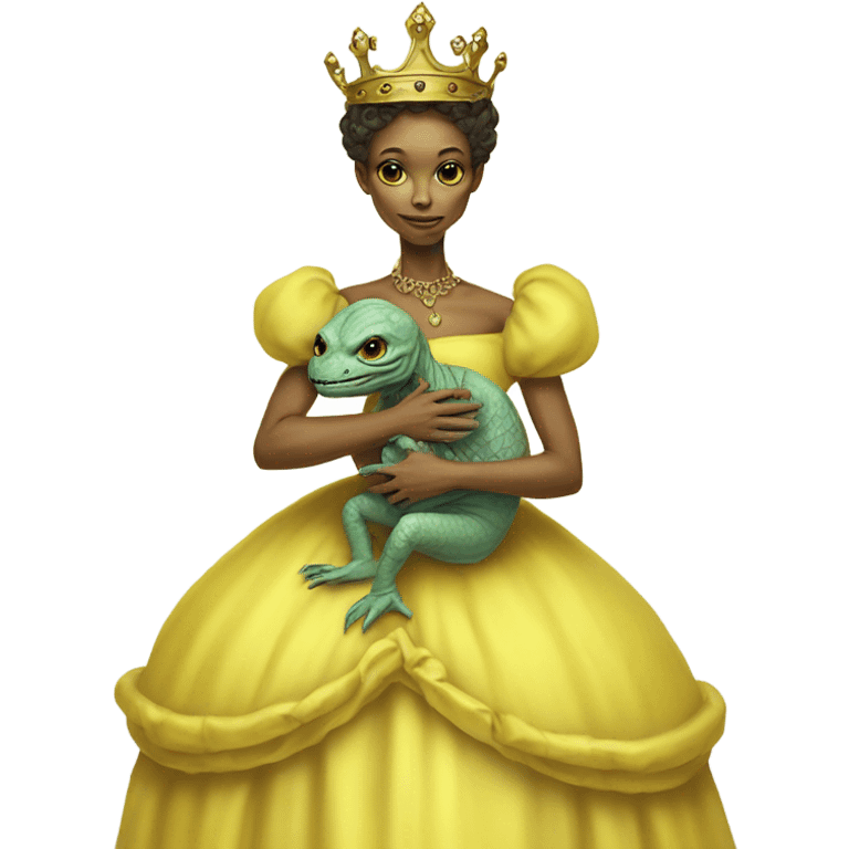  Reptilian alien woman, full body, in victorian jellow elegant dress, have a crown,holds a newborn humman baby emoji