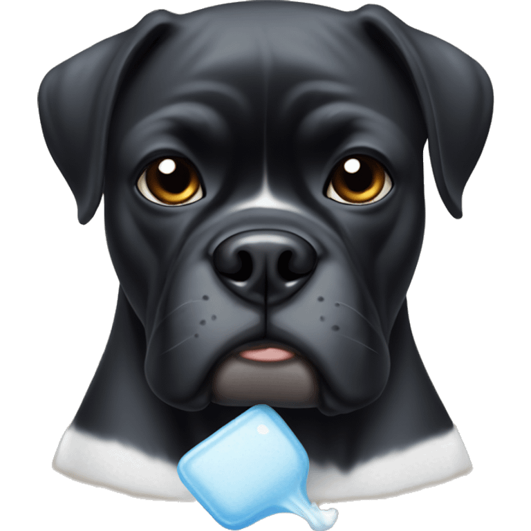 black boxer dog with some white on face making sad eyes with an ice pack on her head and thermometer in her mouth emoji