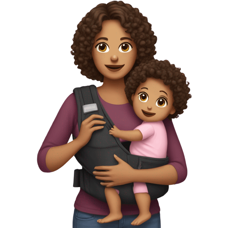 mom with light tan skin, shoulder length dark brown curly hair carrying 2 baby carriers emoji